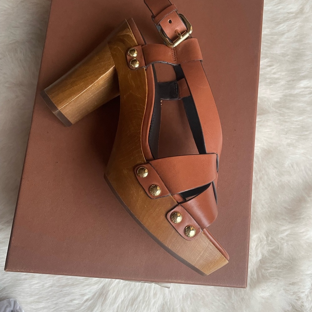Coach Adessa semi matte calf Tan Leather Heeled Sandals